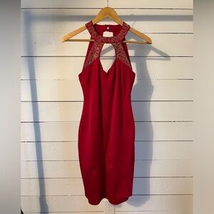 Cache Red Backless Dress with Embellished Neckline